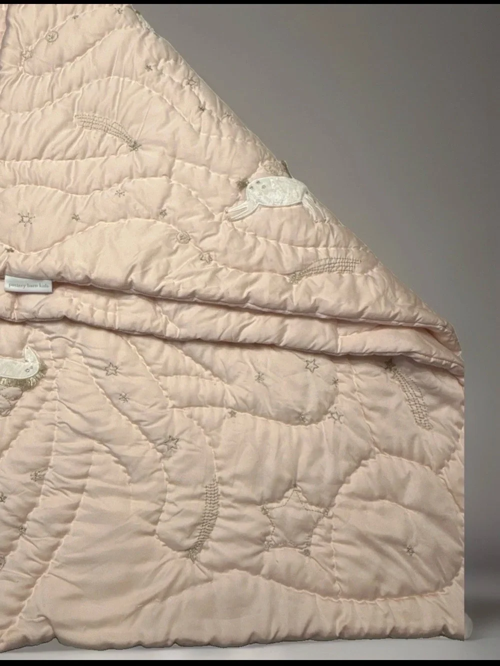 Pottery Barn Kids Pale Pink Quilted Baby Blanket with Star & Moon Embroidery
